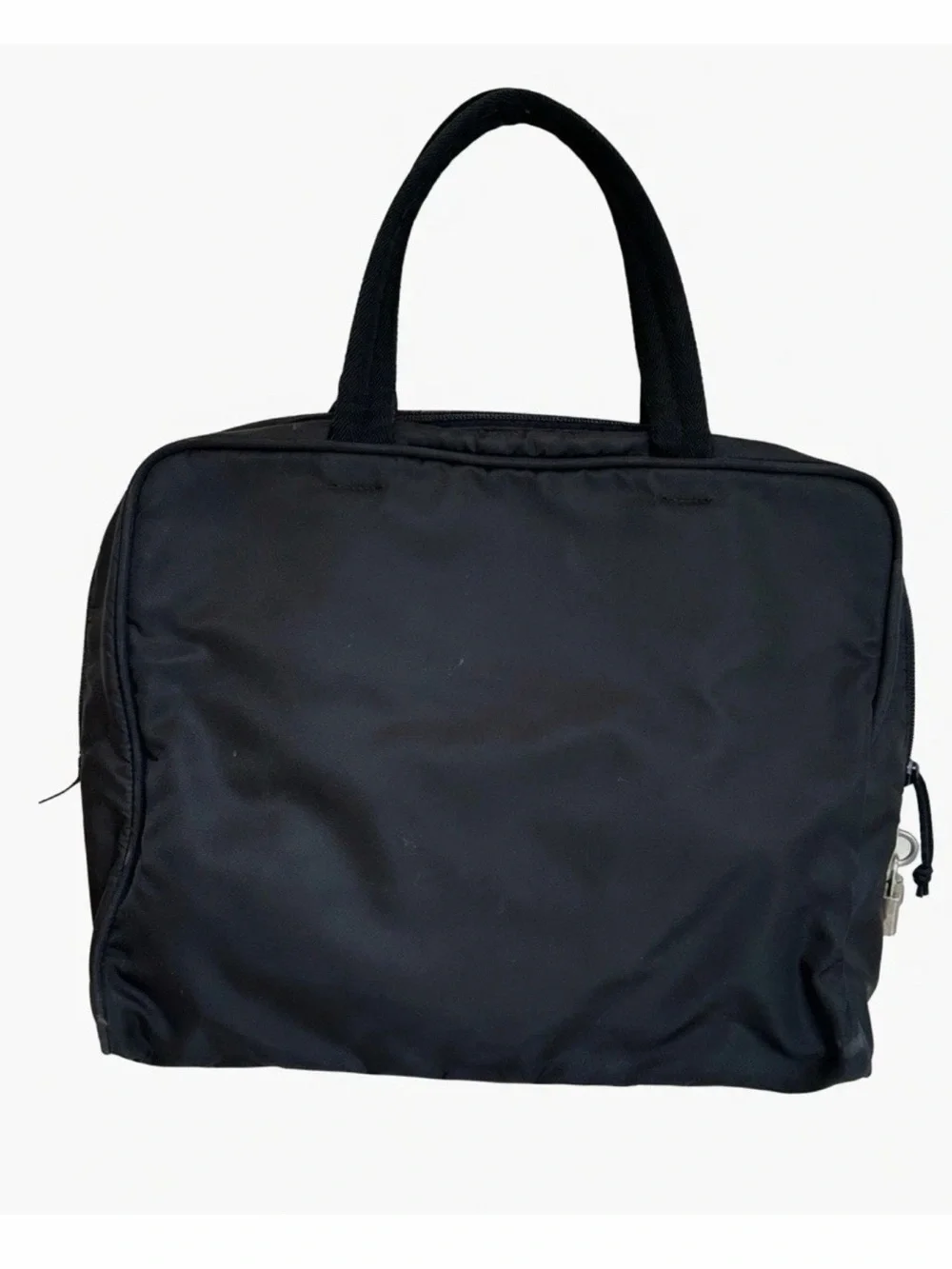 UNISEX PRADA Black Nylon Tote Bag with Silver Hardware Zipper and Padlock.
